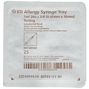 BD 305539 PrecisionGlide 1mL Allergy Syringe tray with 26G x 3/8" permanently attached needle, regular bevel and regular wall 25/sp, Case of 1000