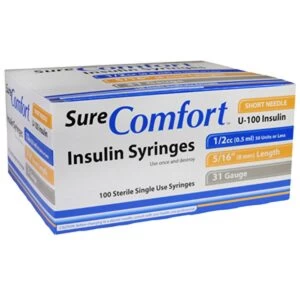 Allison Medical 22-6505 SURE COMFORT 1/2cc INSULIN SYRINGE, 31 G, 5/16" (8mm), 100/Box, Case of 5