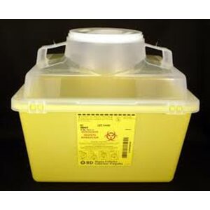 BD 300443 13.2L nestable sharps collector, Yellow base, natural top with small funnel entry